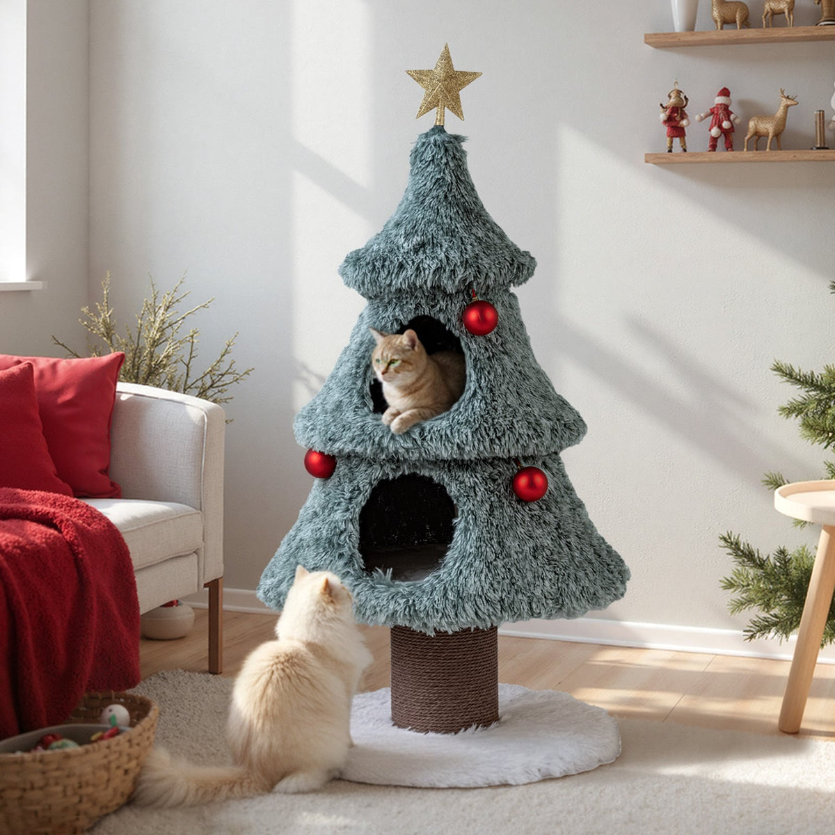 Christmas Cat Tree for Indoor Cats 48.5 inch Cute Cat Tower with 2 Large Condos Scratching Post-Green-Cat Trees & Scratchers-DECOROLALA