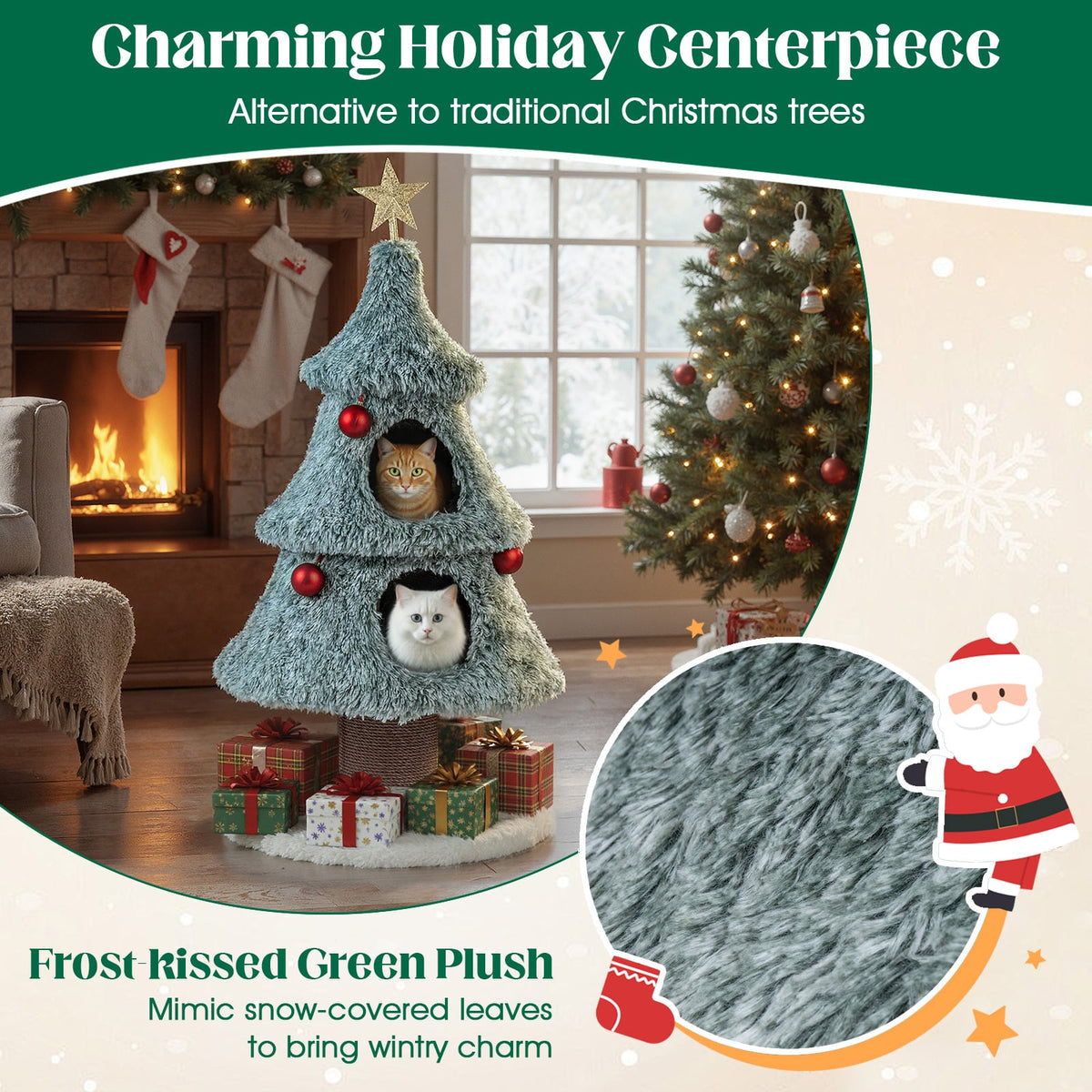 Christmas Cat Tree for Indoor Cats 48.5 inch Cute Cat Tower with 2 Large Condos Scratching Post-Green-Cat Trees & Scratchers-DECOROLALA