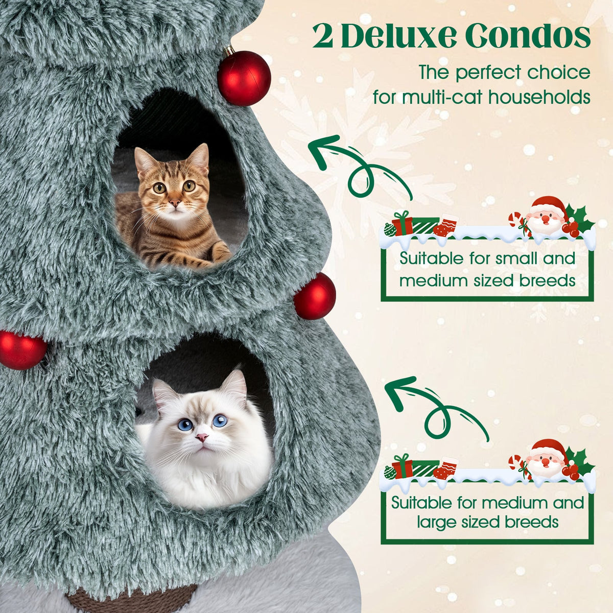 Christmas Cat Tree for Indoor Cats 48.5 inch Cute Cat Tower with 2 Large Condos Scratching Post-Green-Cat Trees & Scratchers-DECOROLALA