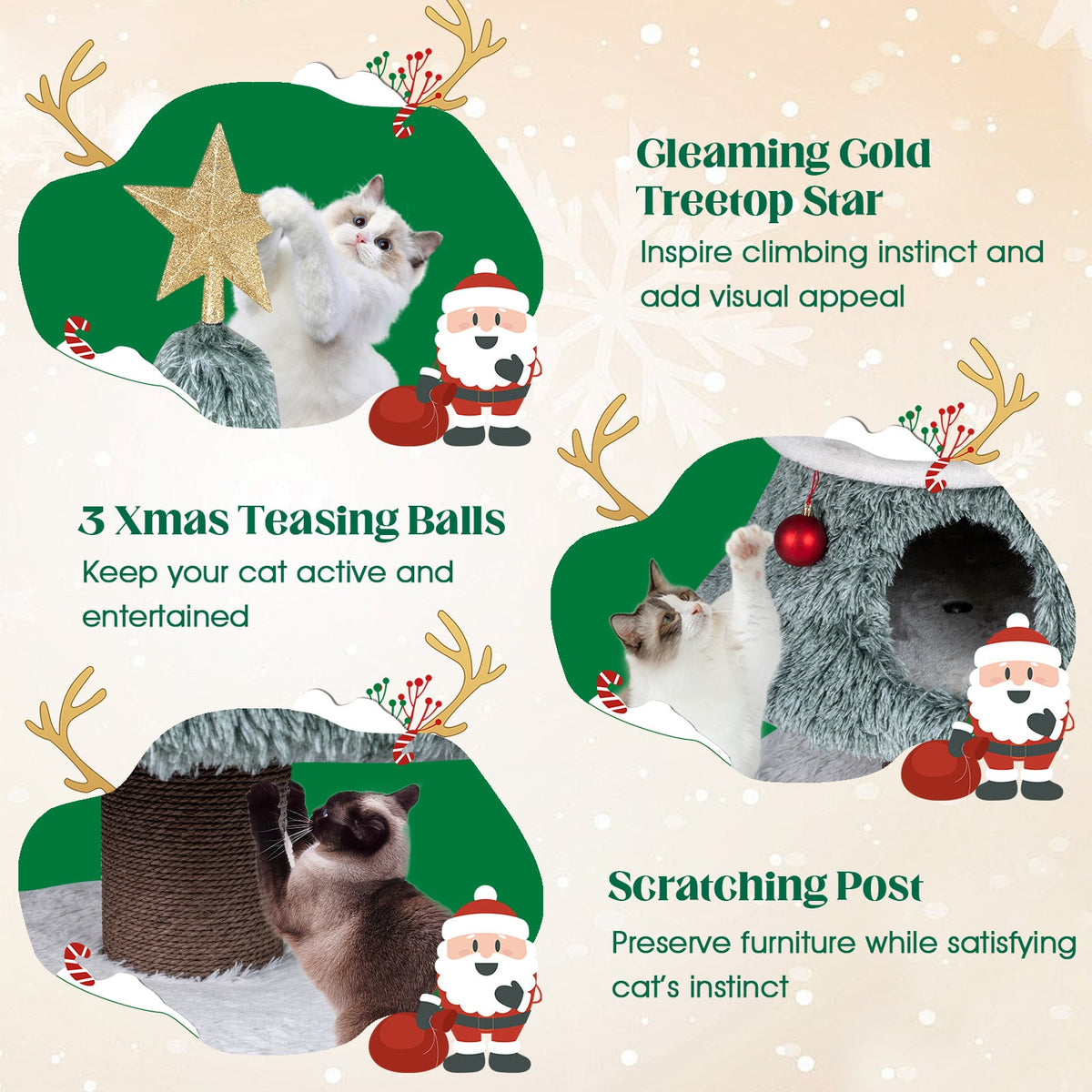 Christmas Cat Tree for Indoor Cats 48.5 inch Cute Cat Tower with 2 Large Condos Scratching Post-Green-Cat Trees & Scratchers-DECOROLALA