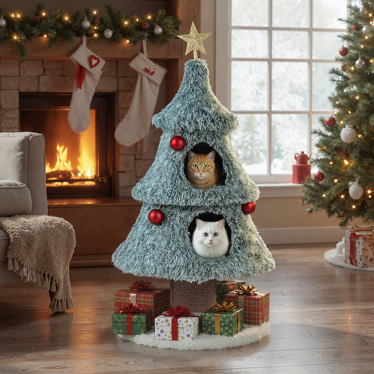 Christmas Cat Tree for Indoor Cats 48.5 inch Cute Cat Tower with 2 Large Condos Scratching Post-Green-Cat Trees & Scratchers-DECOROLALA
