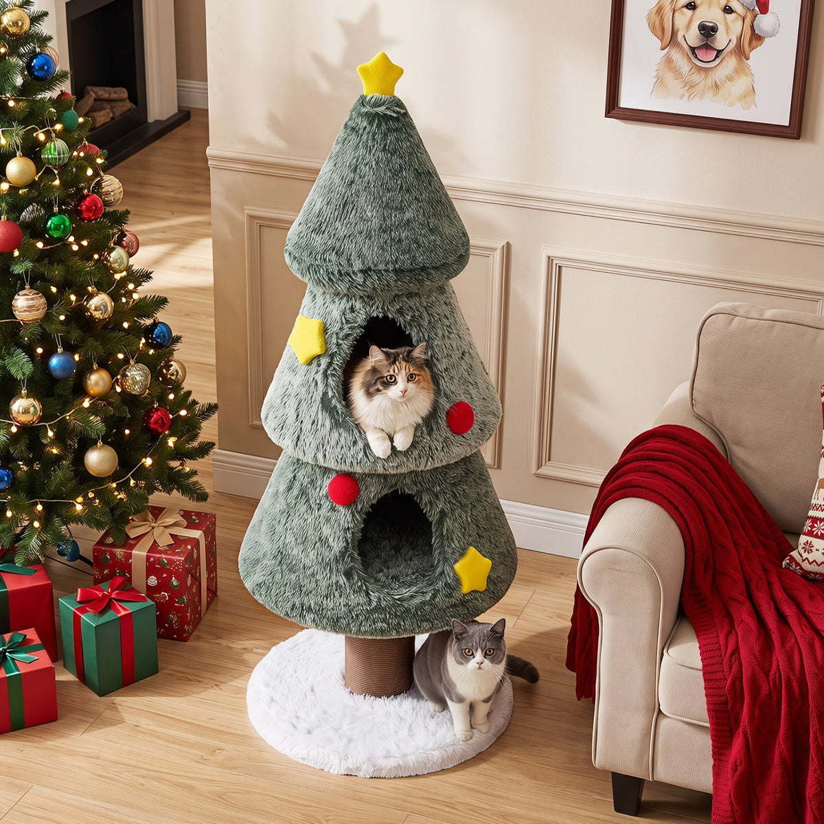 Christmas Cat Tree with 2 Condos Scratching Post and Decorative Stars-Green-Cat Trees & Scratchers-DECOROLALA