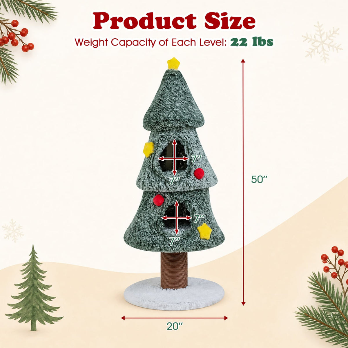 Christmas Cat Tree with 2 Condos Scratching Post and Decorative Stars-Green-Cat Trees & Scratchers-DECOROLALA
