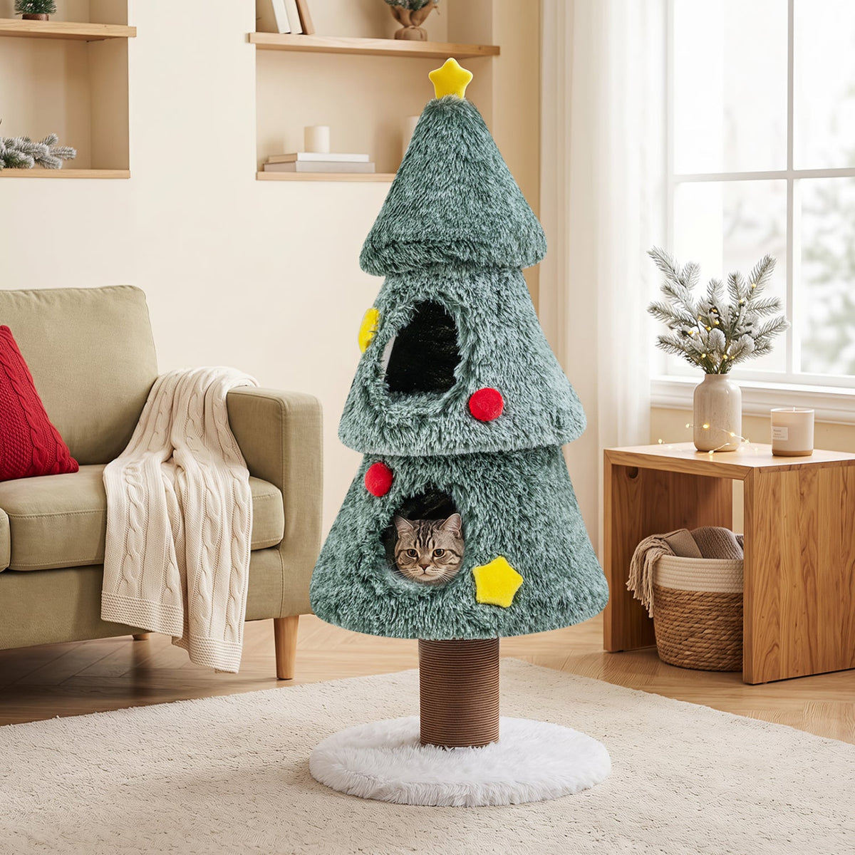 Christmas Cat Tree with 2 Condos Scratching Post and Decorative Stars-Green-Cat Trees & Scratchers-DECOROLALA