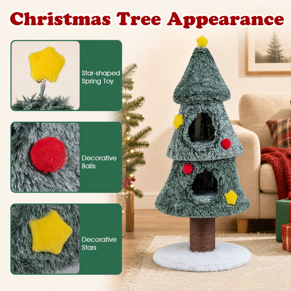 Christmas Cat Tree with 2 Condos Scratching Post and Decorative Stars-Green-Cat Trees & Scratchers-DECOROLALA