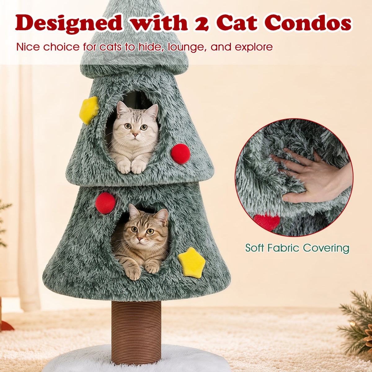Christmas Cat Tree with 2 Condos Scratching Post and Decorative Stars-Green-Cat Trees & Scratchers-DECOROLALA