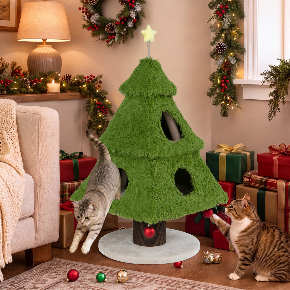 Christmas Cat Tree with Scratching Post and Dangling Balls for Indoor Cats-Green-Cat Trees & Scratchers-DECOROLALA