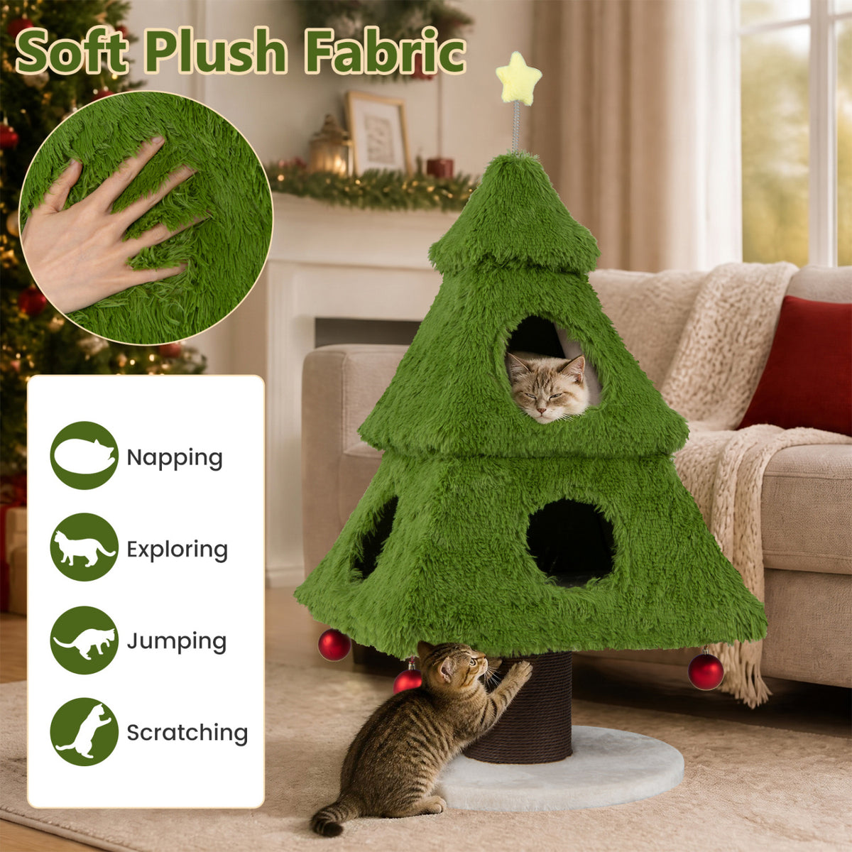 Christmas Cat Tree with Scratching Post and Dangling Balls for Indoor Cats-Green-Cat Trees & Scratchers-DECOROLALA