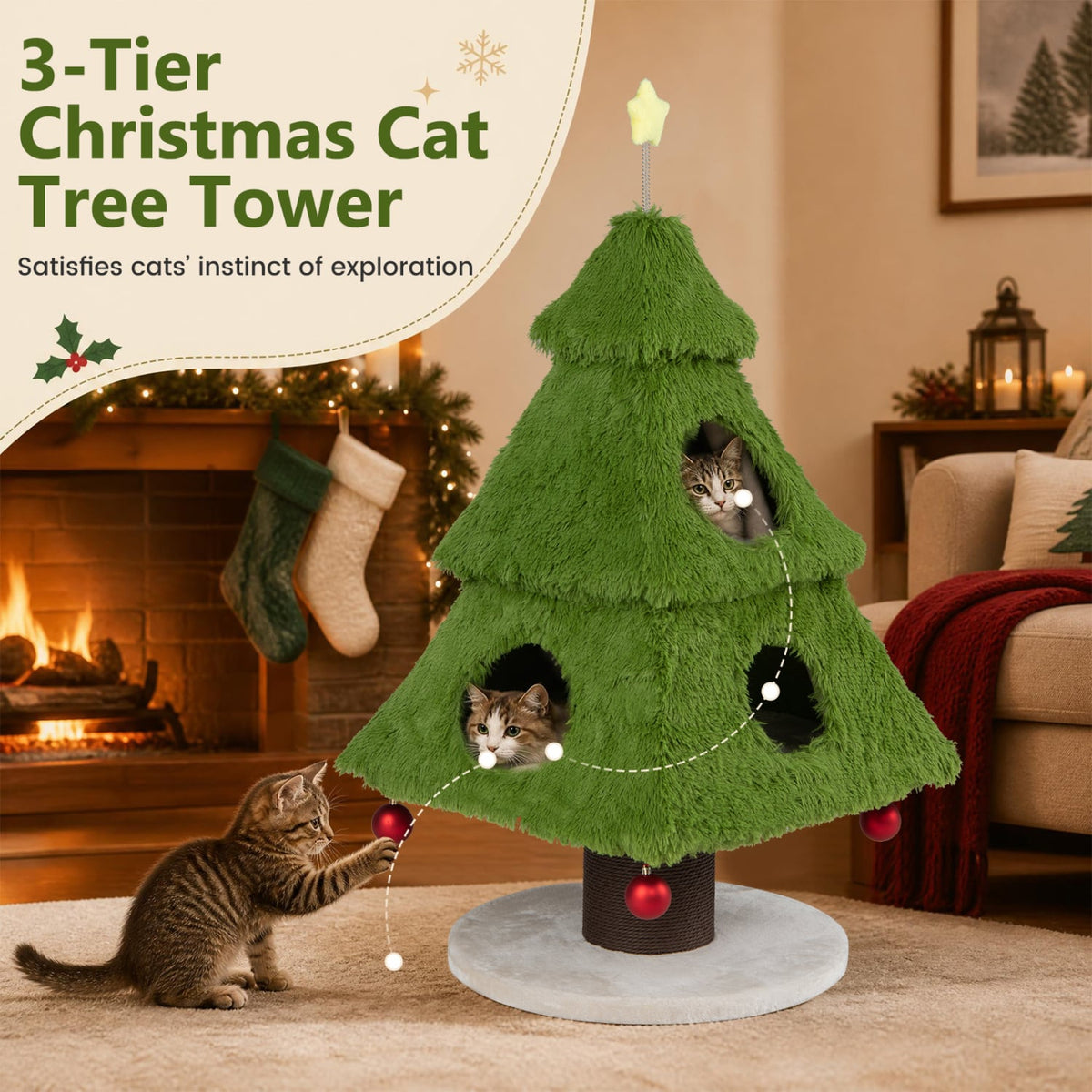 Christmas Cat Tree with Scratching Post and Dangling Balls for Indoor Cats-Green-Cat Trees & Scratchers-DECOROLALA