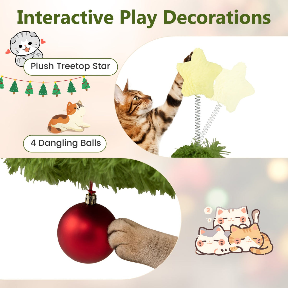 Christmas Cat Tree with Scratching Post and Dangling Balls for Indoor Cats-Green-Cat Trees & Scratchers-DECOROLALA