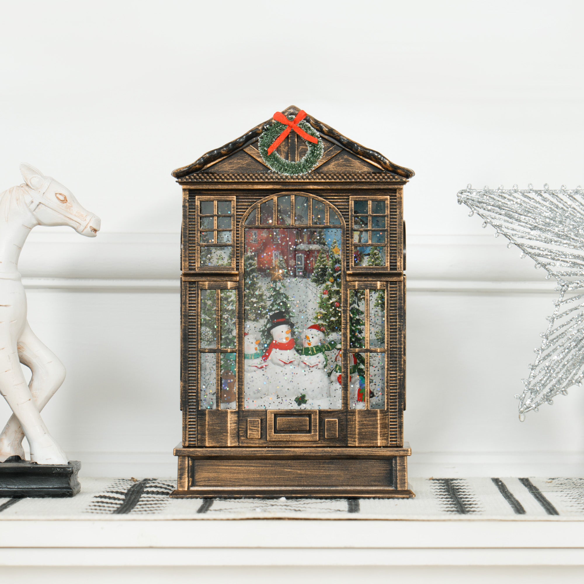 Christmas Snow Globe Lantern - Musical Bronze 9.8"-Home Furnishings > Holiday & Seasonal > Christmas Decorations > Christmas Village Houses-DECOROLALA