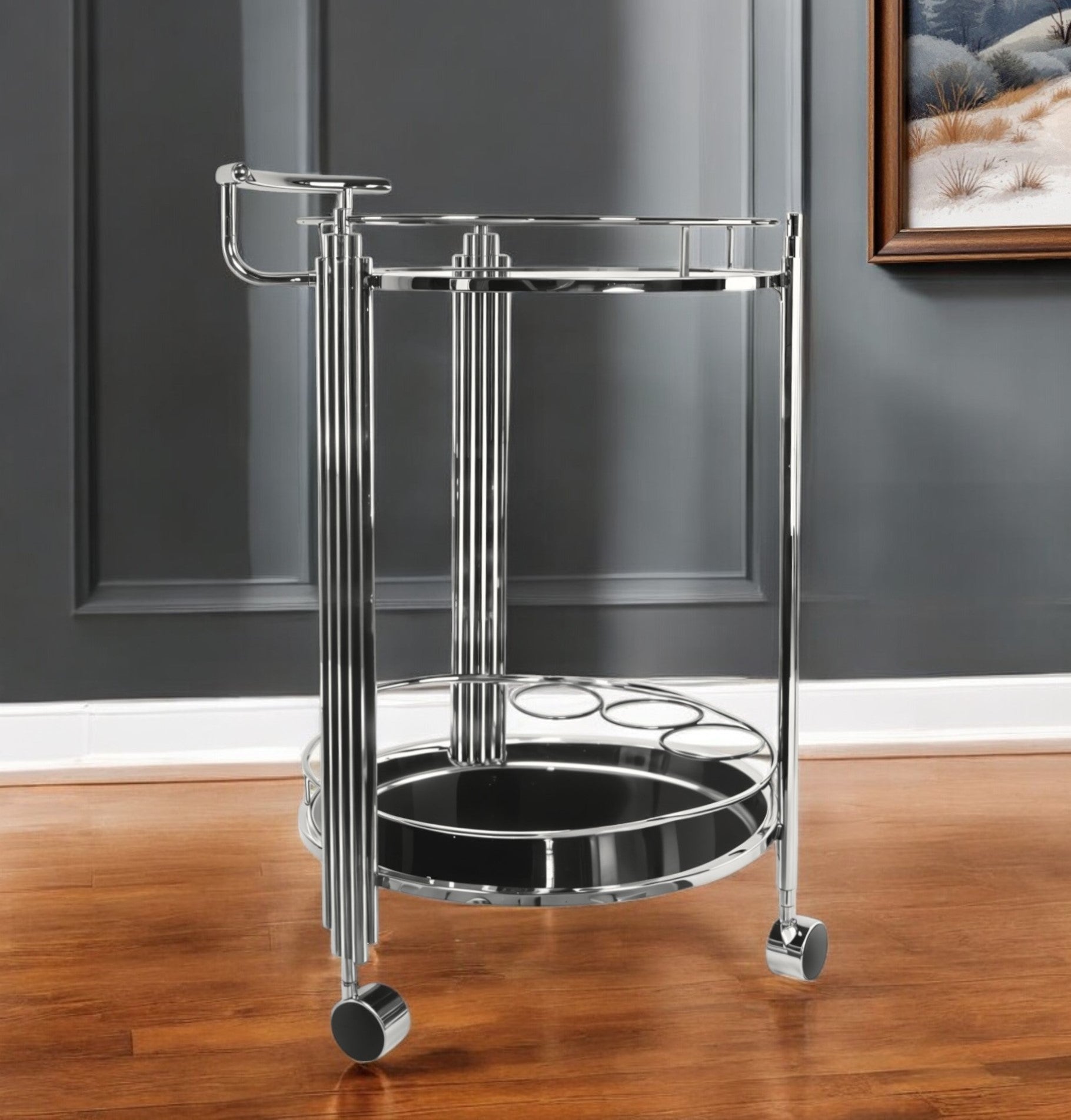 Chrome Round Two Tier Rolling Serving Or Bar Cart-Kitchen Carts-Islands-DECOROLALA