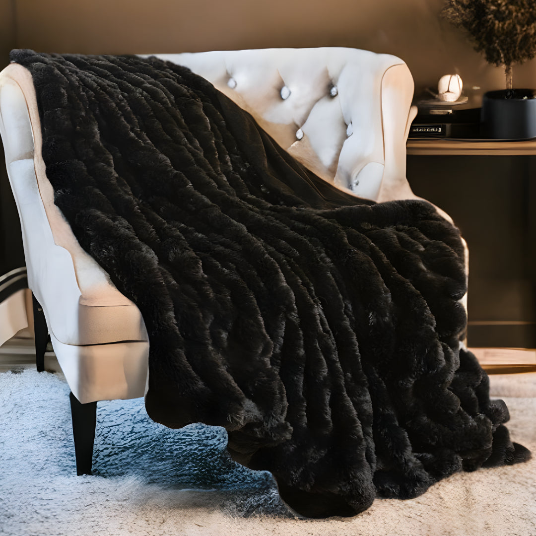 Chunky Sectioned Black Faux Fur Throw Blanket-Throws & Blankets-DECOROLALA