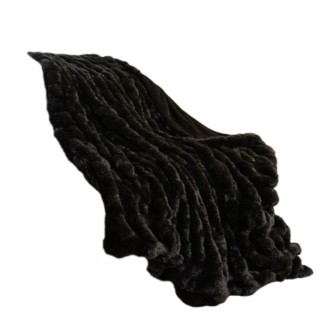 Chunky Sectioned Black Faux Fur Throw Blanket-Throws & Blankets-DECOROLALA