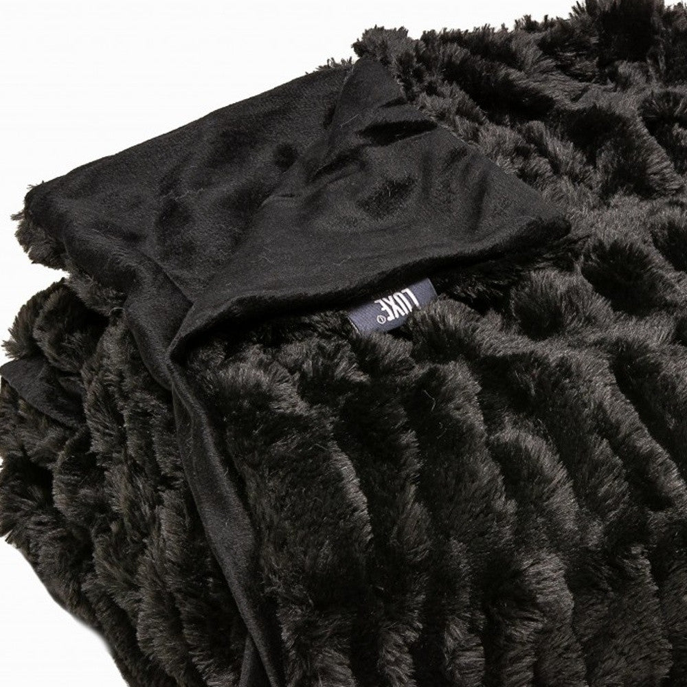 Chunky Sectioned Black Faux Fur Throw Blanket-Throws & Blankets-DECOROLALA