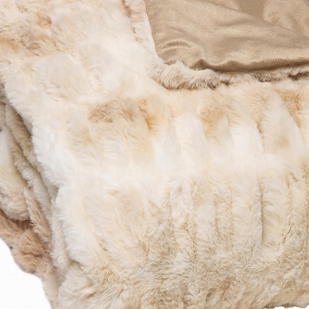 Chunky Sectioned Shades Of Beige Faux Fur Throw Blanket-Throws & Blankets-DECOROLALA