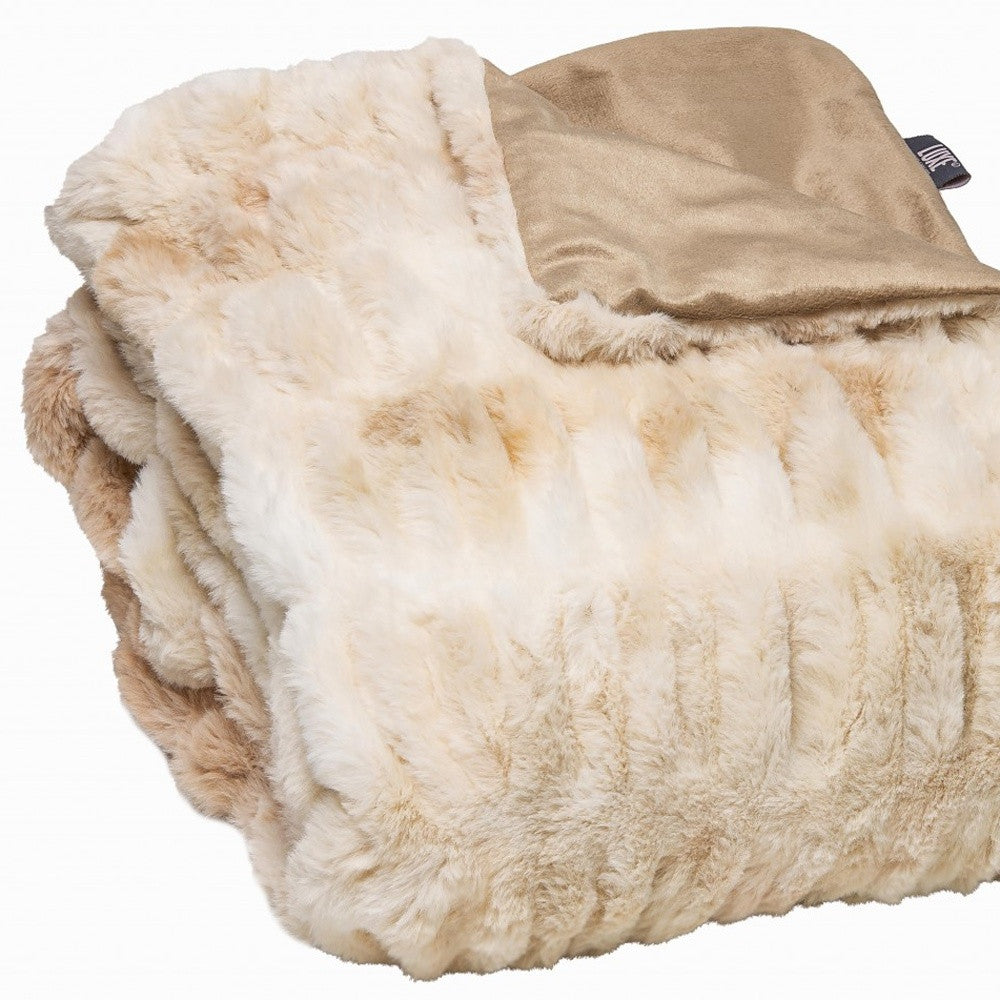 Chunky Sectioned Shades Of Beige Faux Fur Throw Blanket-Throws & Blankets-DECOROLALA