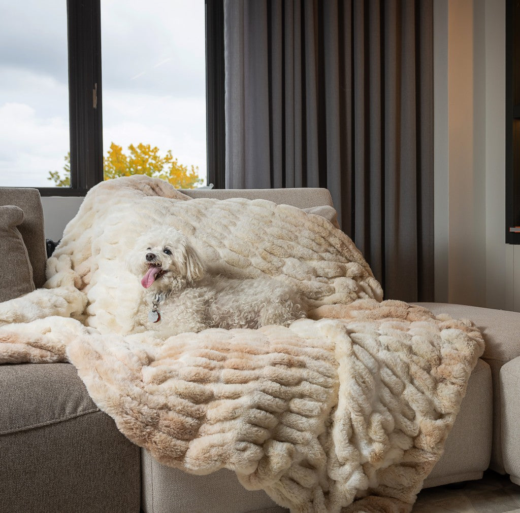 Chunky Sectioned Shades Of Beige Faux Fur Throw Blanket-Throws & Blankets-DECOROLALA