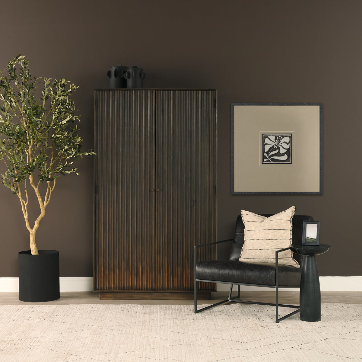 Cinder Distressed Dark Brown Wood Reeded 2-Door Closed Tall Cabinet-Cabinets-DECOROLALA