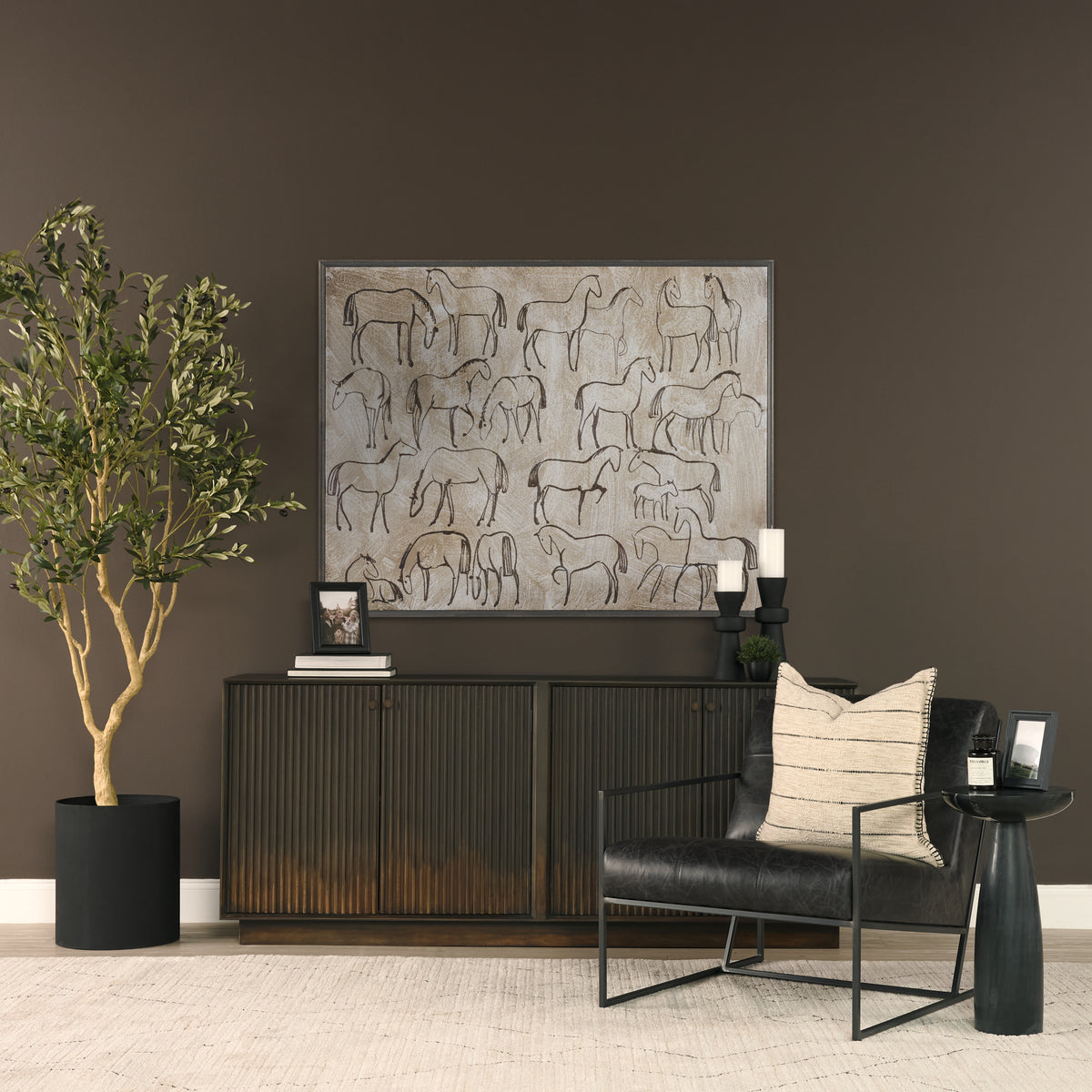 Cinder Distressed Dark Brown Wood Reeded 4-Door Closed Sideboard-Sideboards & Buffets-DECOROLALA