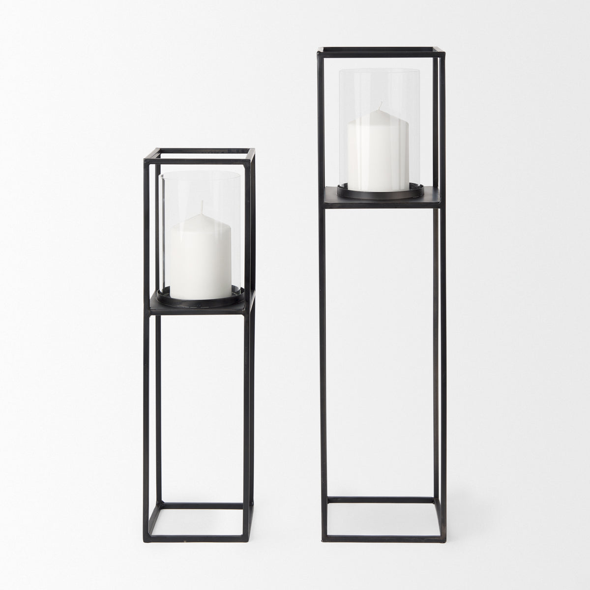 Cindy Set of 2 Matte Black Metal and Hurricane Glass Pillar Tabletop Candle Holders-Table Candle Holders-DECOROLALA