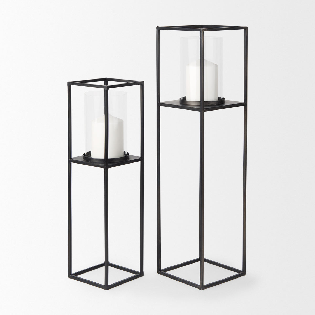 Cindy Set of 2 Matte Black Metal and Hurricane Glass Pillar Tabletop Candle Holders-Table Candle Holders-DECOROLALA