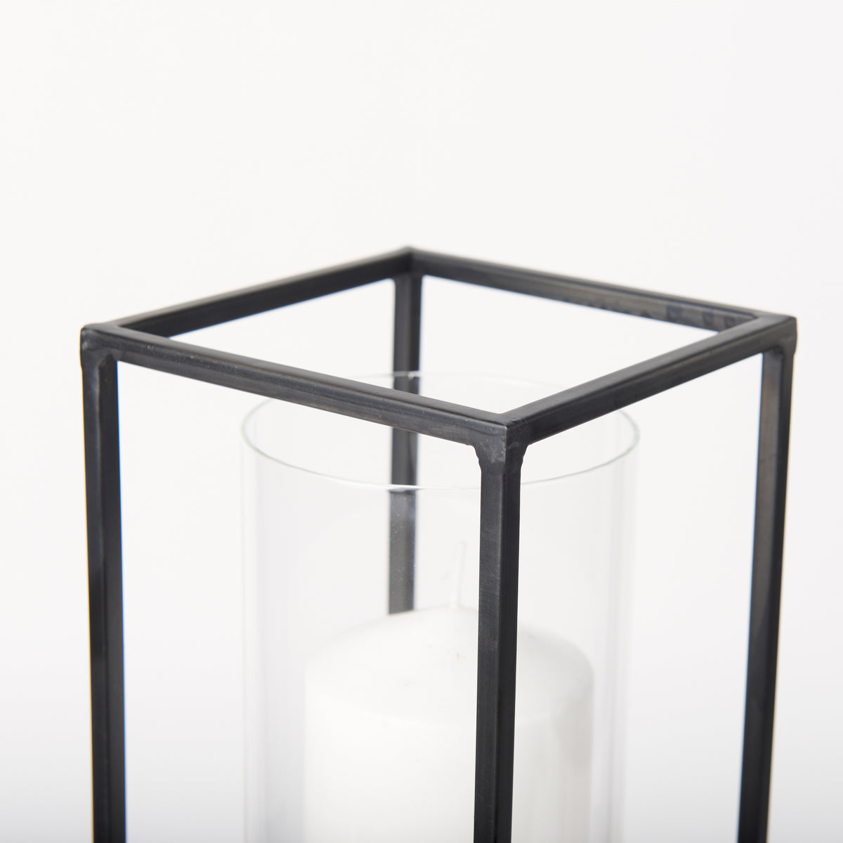 Cindy Set of 2 Matte Black Metal and Hurricane Glass Pillar Tabletop Candle Holders-Table Candle Holders-DECOROLALA