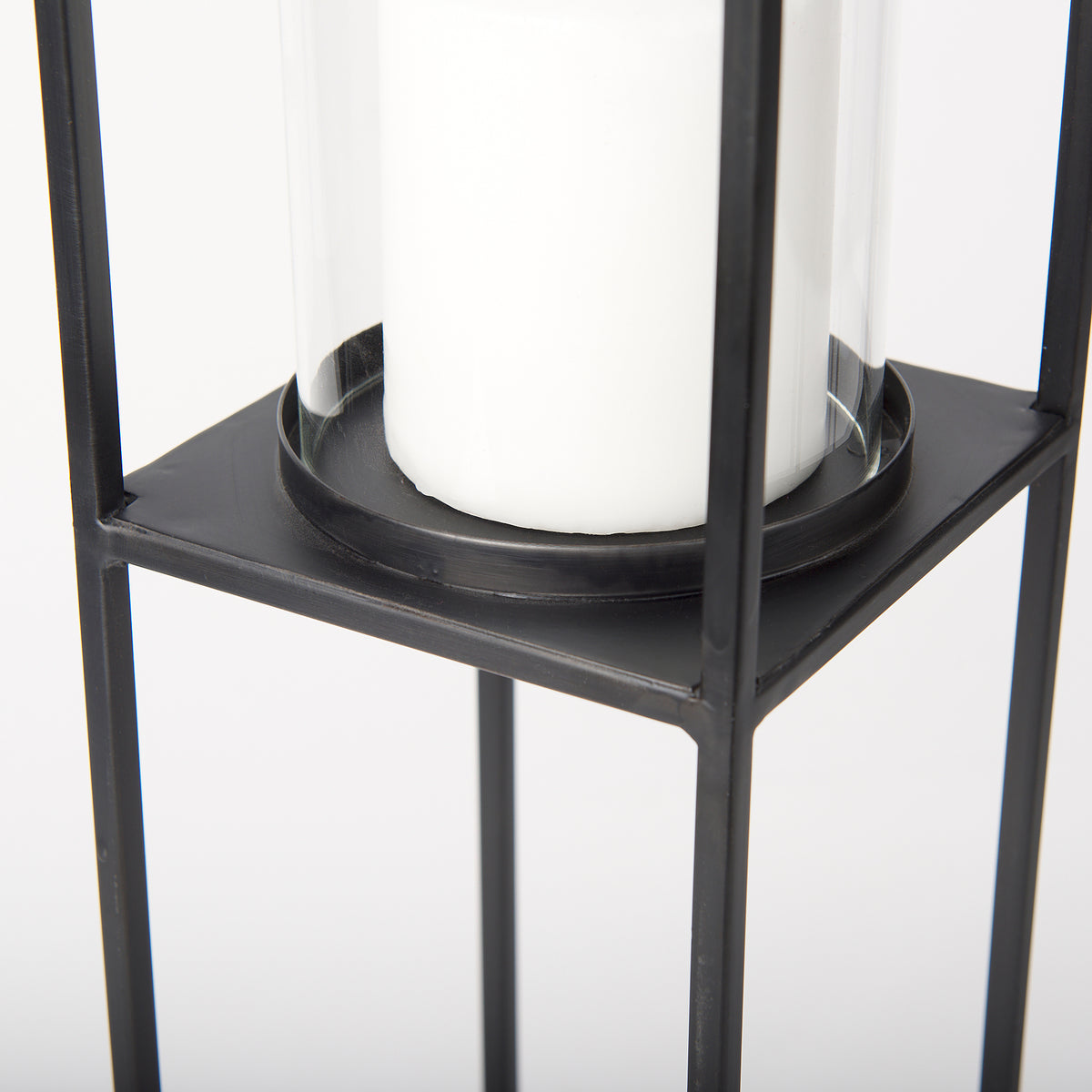 Cindy Set of 2 Matte Black Metal and Hurricane Glass Pillar Tabletop Candle Holders-Table Candle Holders-DECOROLALA