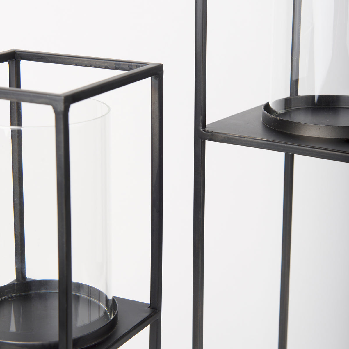 Cindy Set of 2 Matte Black Metal and Hurricane Glass Pillar Tabletop Candle Holders-Table Candle Holders-DECOROLALA