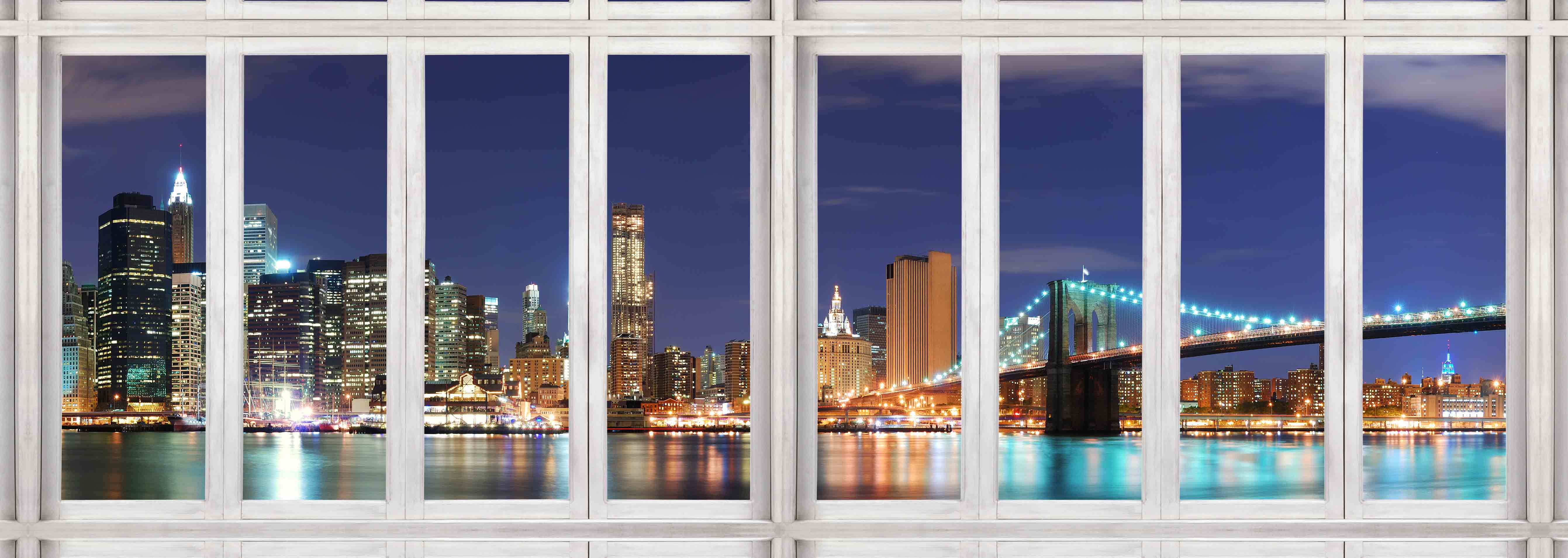 Cities Skyline NYC Through the Window Canvas 72x24-Wall Art-DECOROLALA