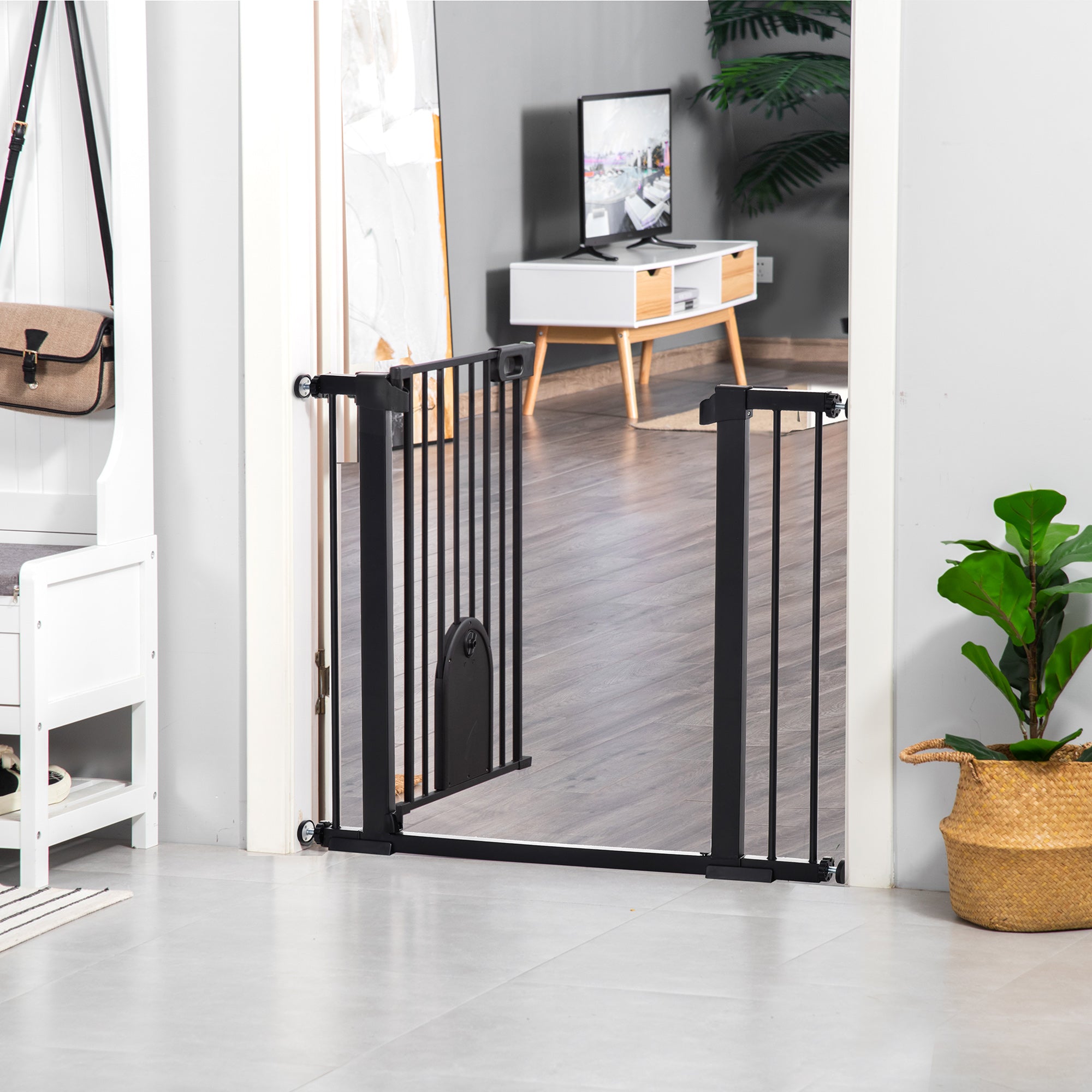 Barrière de sécurité extra-large pour animaux de 30"-41" avec petite porte, barrière pour chiens de 30"H avec portillon de sécurité, fixation par pression pour escaliers, noire
