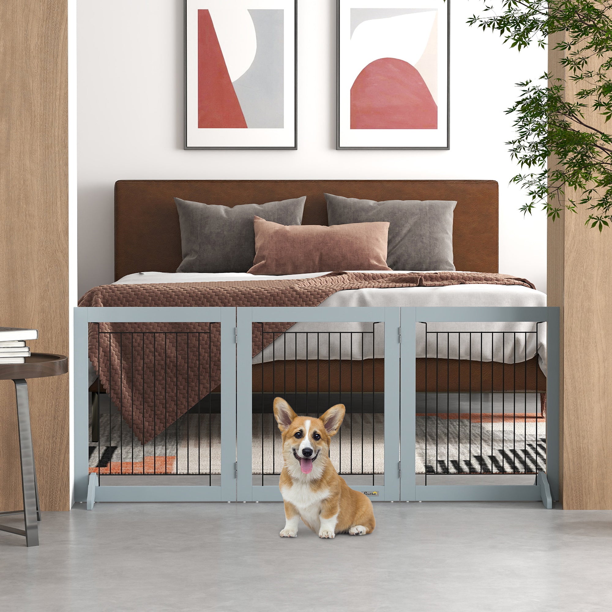 Freestanding Pet Gate, Folding Dog Gate with 2 Support Feet, 24" High, 3 Panels, for Small Dogs, Indoor Use - Grey