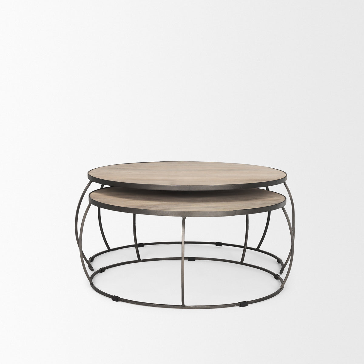 Clapp I Set of 2 (41" & 38") Round Brown Wood Top Iron Base Nesting Coffee Tables-Coffee Tables-DECOROLALA