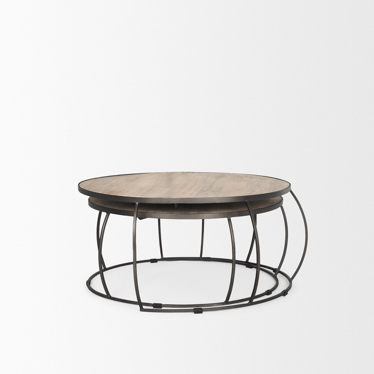 Clapp I Set of 2 (41" & 38") Round Brown Wood Top Iron Base Nesting Coffee Tables-Coffee Tables-DECOROLALA