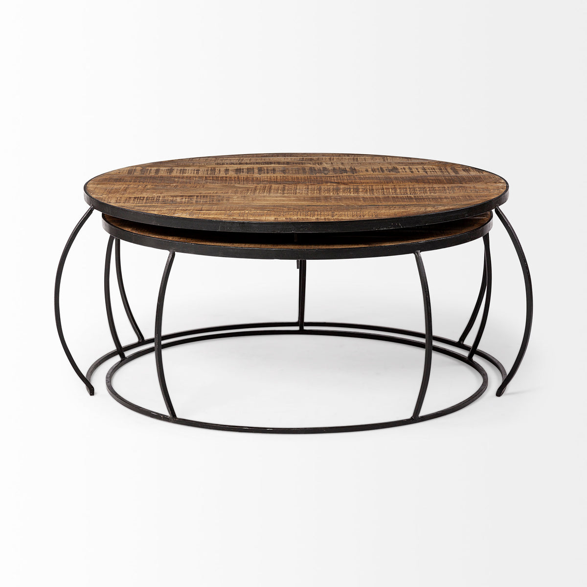 Clapp I Set of 2 (41" & 38") Round Brown Wood Top Iron Base Nesting Coffee Tables-Coffee Tables-DECOROLALA