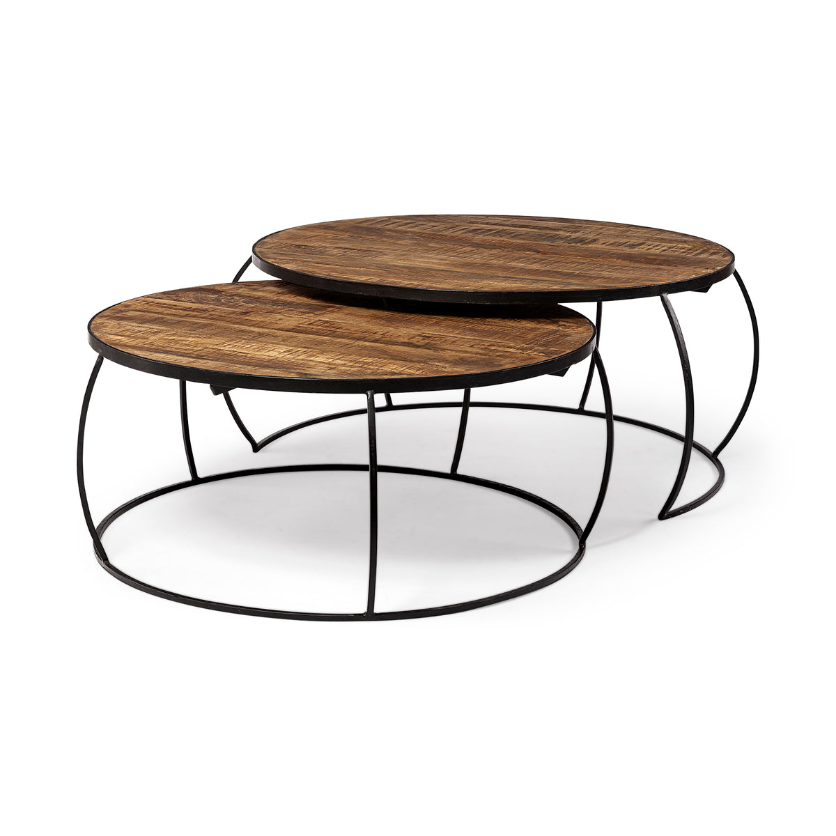 Clapp I Set of 2 (41" & 38") Round Brown Wood Top Iron Base Nesting Coffee Tables-Coffee Tables-DECOROLALA