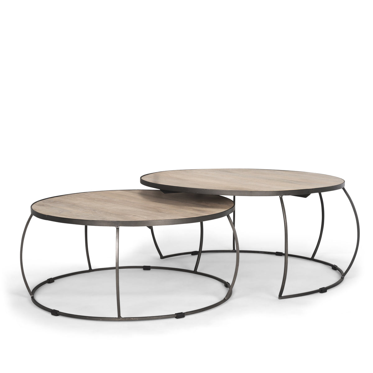 Clapp I Set of 2 (41" & 38") Round Brown Wood Top Iron Base Nesting Coffee Tables-Coffee Tables-DECOROLALA