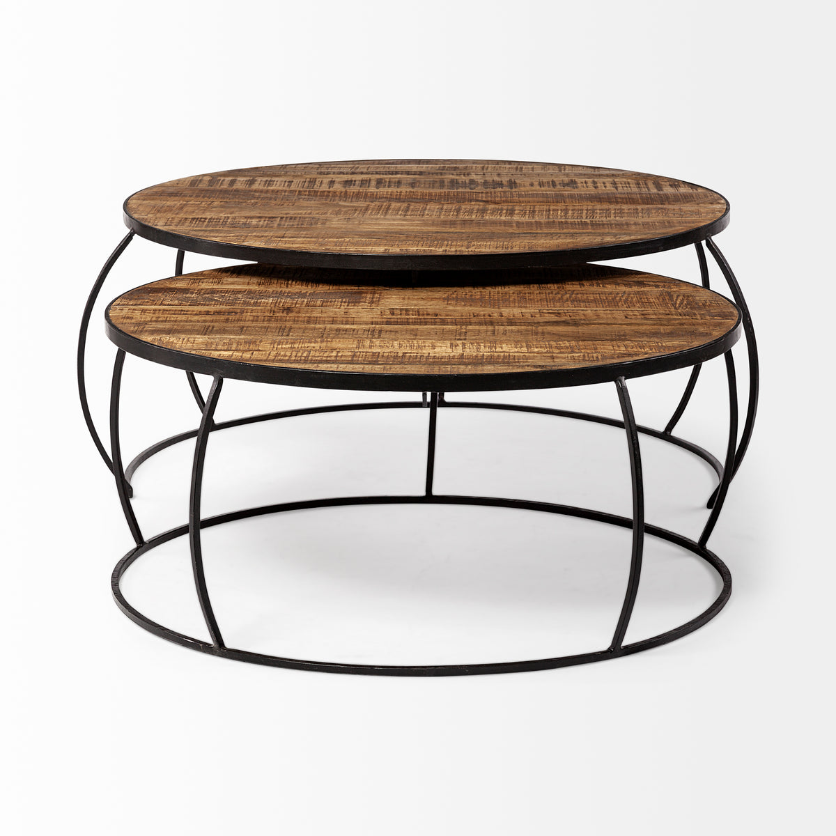 Clapp I Set of 2 (41" & 38") Round Brown Wood Top Iron Base Nesting Coffee Tables-Coffee Tables-DECOROLALA