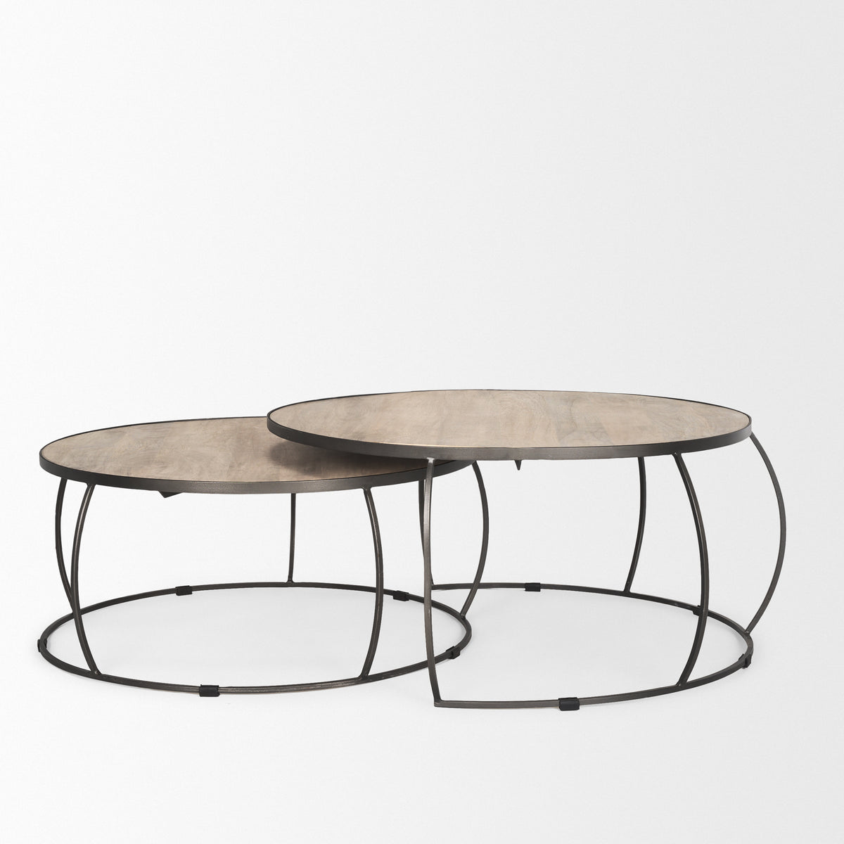 Clapp I Set of 2 (41" & 38") Round Brown Wood Top Iron Base Nesting Coffee Tables-Coffee Tables-DECOROLALA