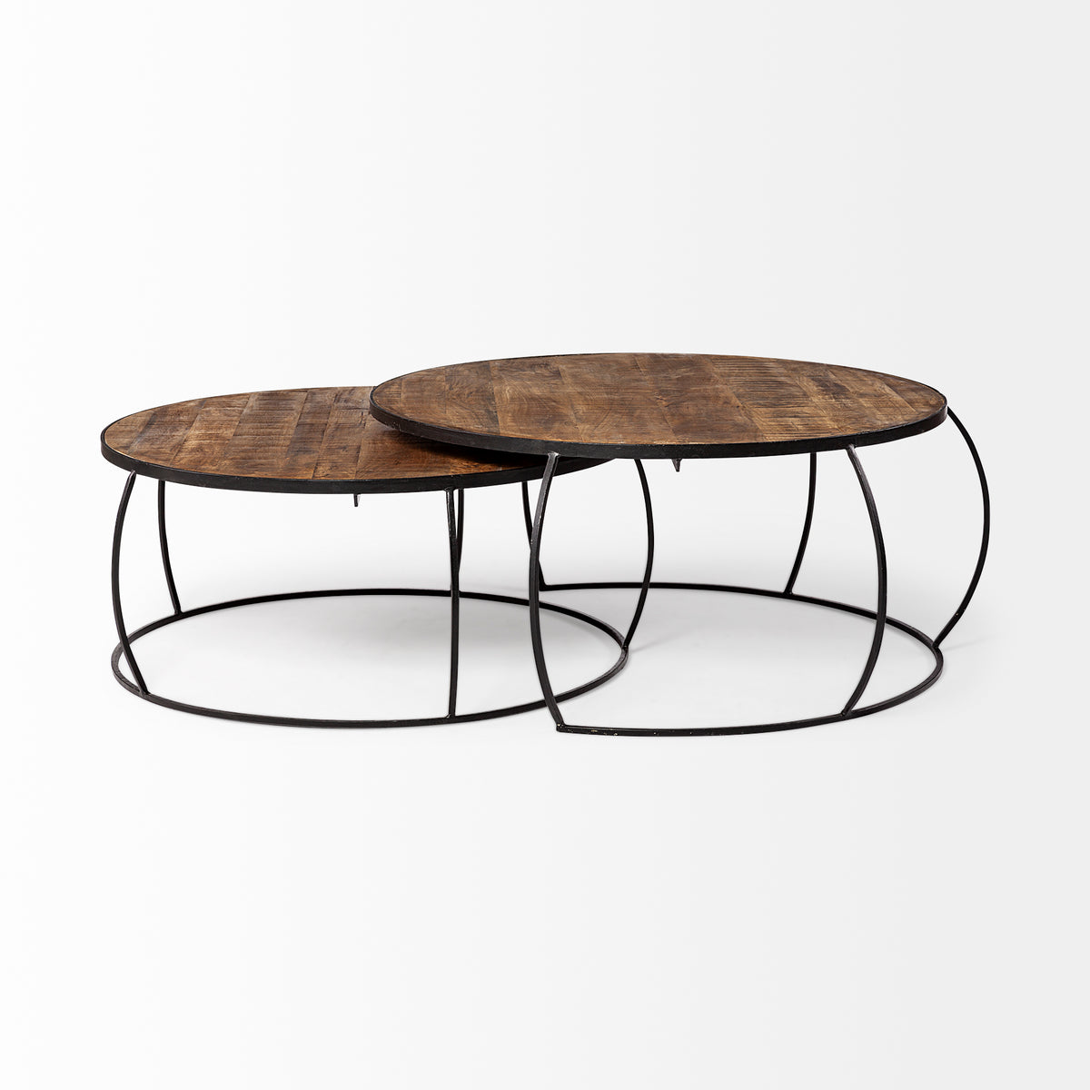 Clapp I Set of 2 (41" & 38") Round Brown Wood Top Iron Base Nesting Coffee Tables-Coffee Tables-DECOROLALA