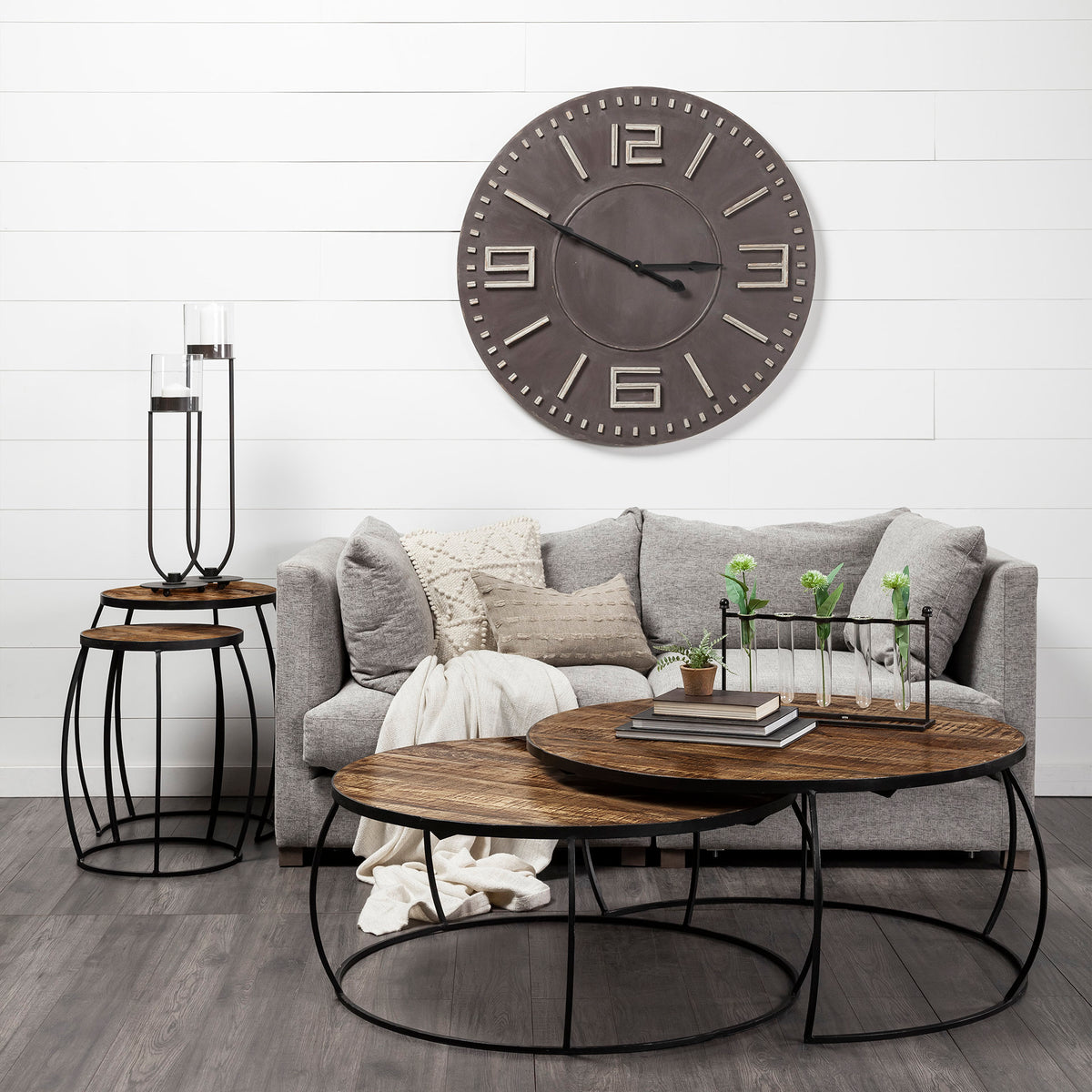 Clapp I Set of 2 (41" & 38") Round Brown Wood Top Iron Base Nesting Coffee Tables-Coffee Tables-DECOROLALA