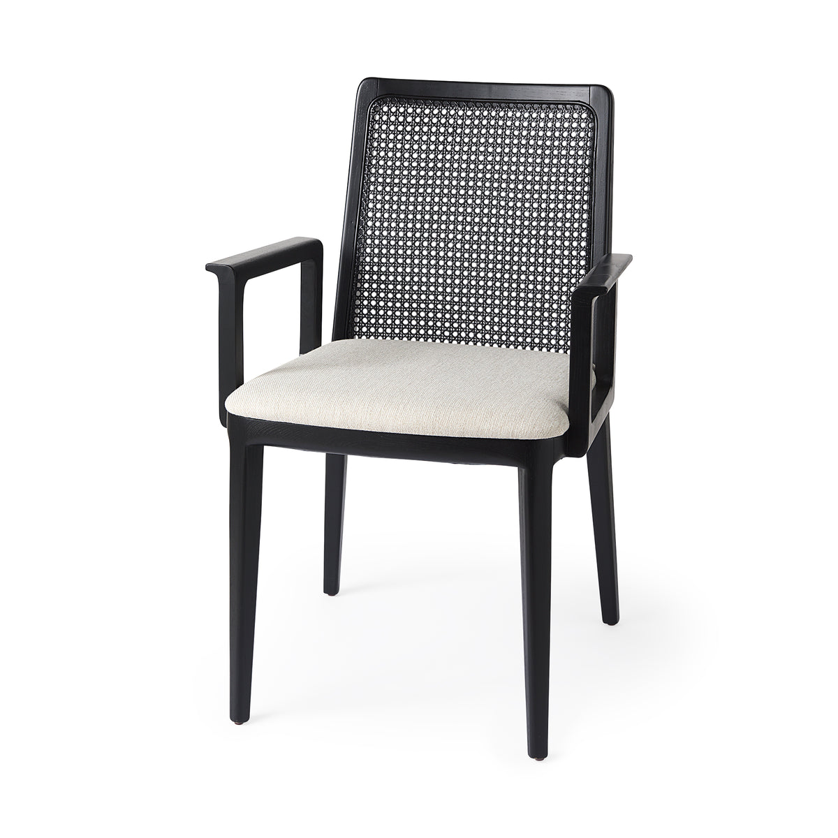 Clara Cane Back Dining Arm Chair | Cream Fabric w/ Black Wood-Dining Chairs-DECOROLALA
