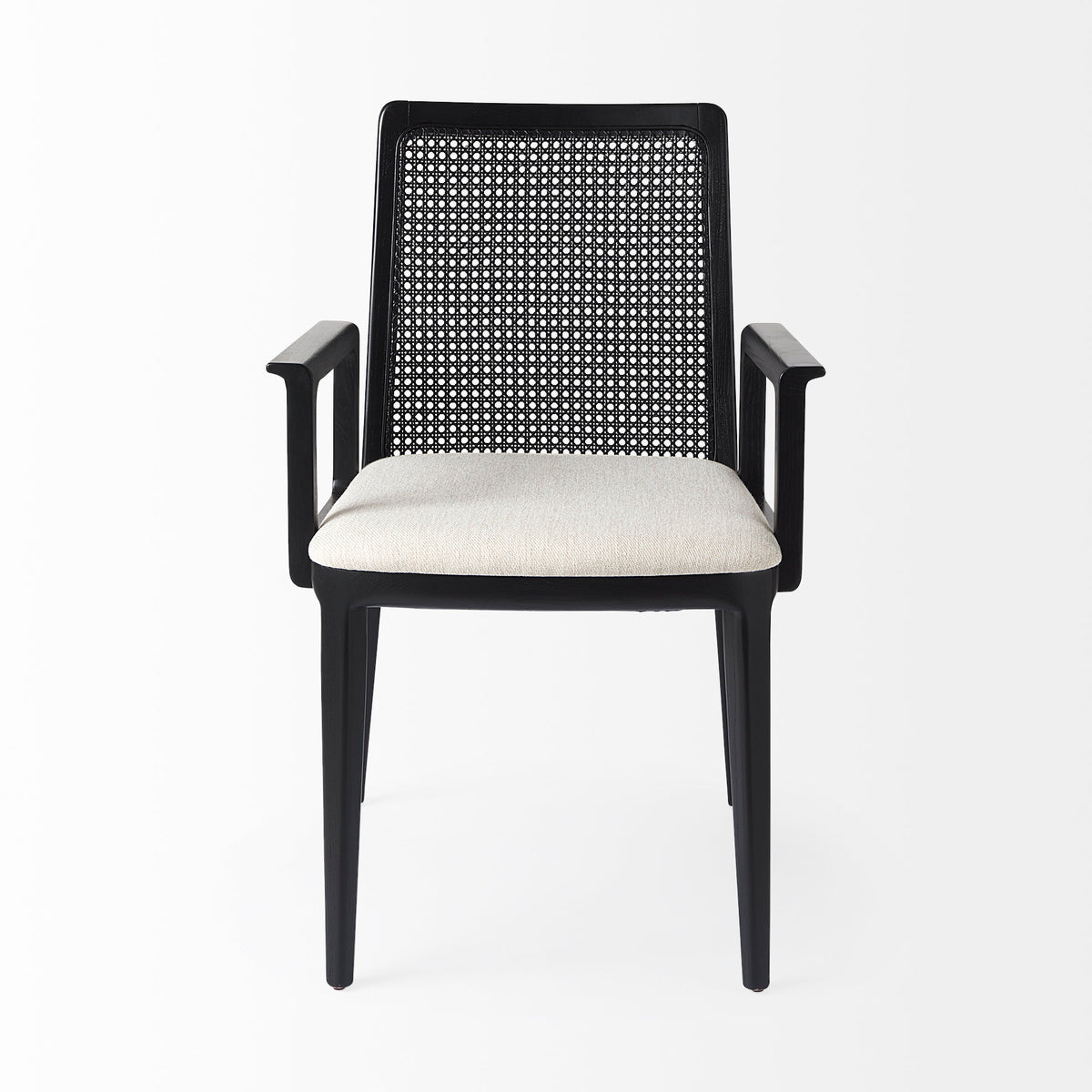 Clara Cane Back Dining Arm Chair | Cream Fabric w/ Black Wood-Dining Chairs-DECOROLALA
