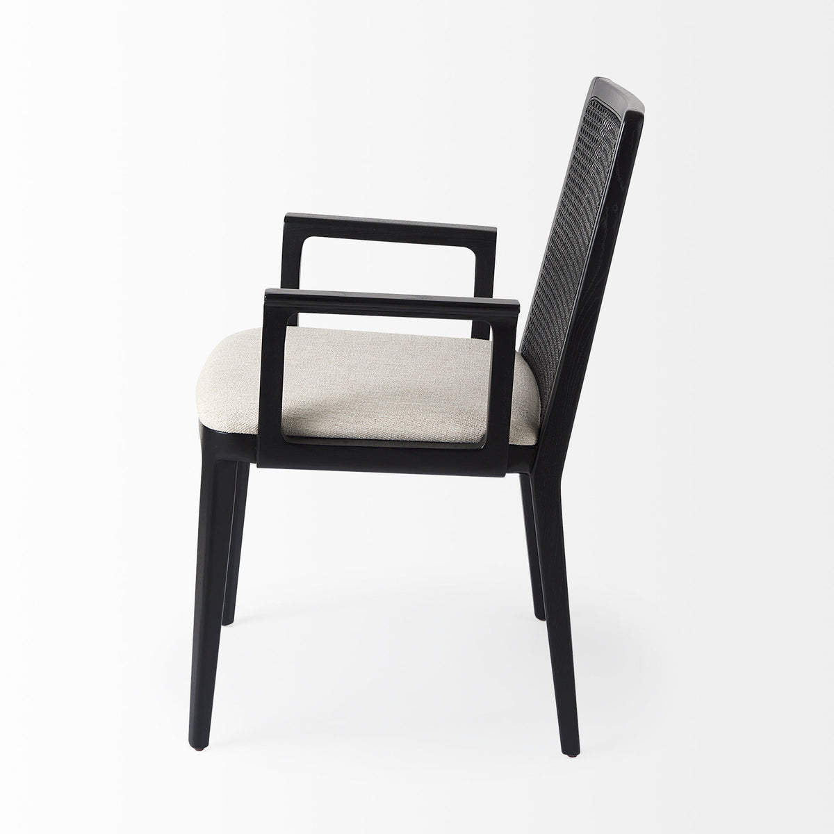 Clara Cane Back Dining Arm Chair | Cream Fabric w/ Black Wood-Dining Chairs-DECOROLALA