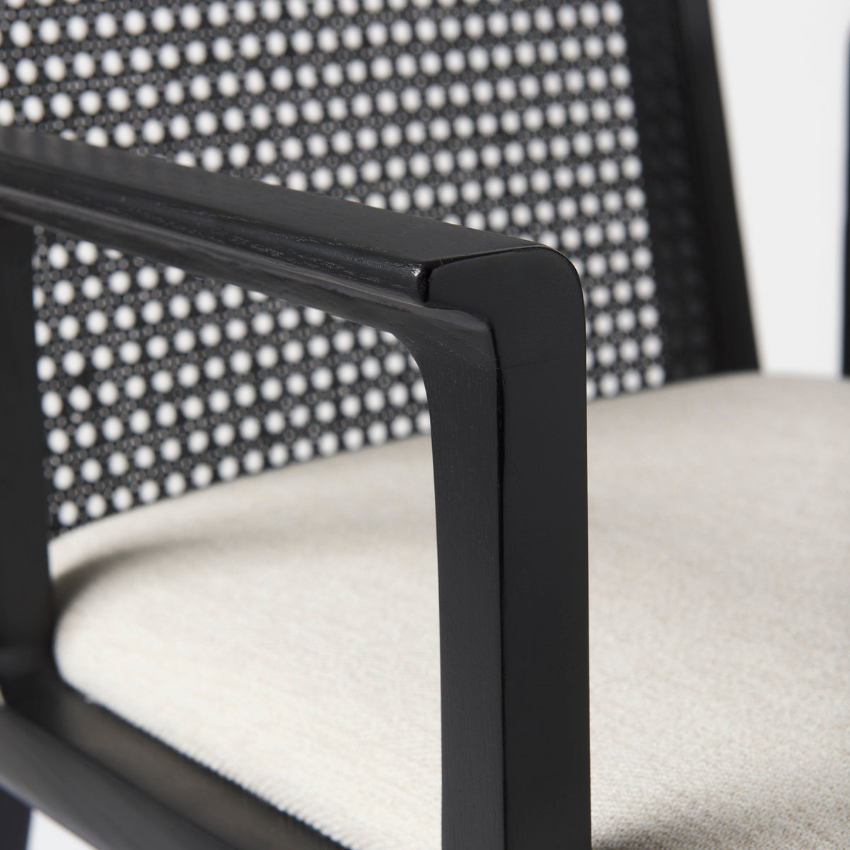 Clara Cane Back Dining Arm Chair | Cream Fabric w/ Black Wood-Dining Chairs-DECOROLALA