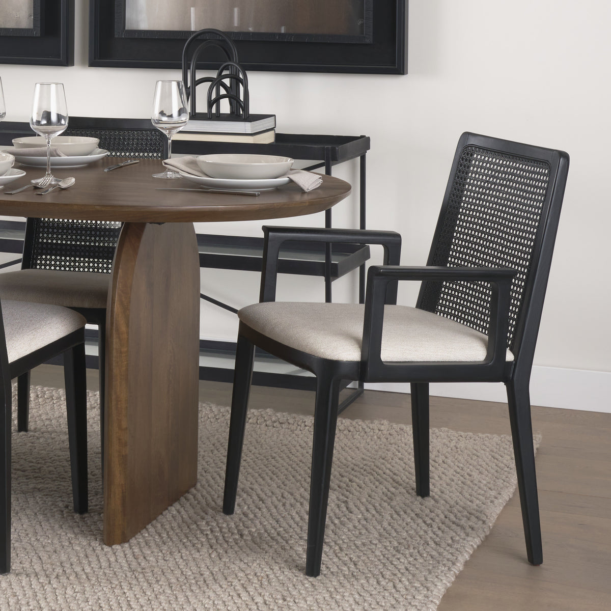 Clara Cane Back Dining Arm Chair | Cream Fabric w/ Black Wood-Dining Chairs-DECOROLALA
