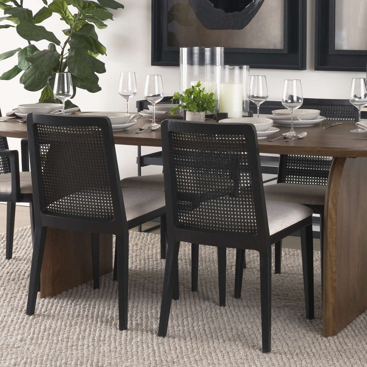 Clara Cane Back Dining Side Chair | Cream Fabric w/ Black Wood-Dining Chairs-DECOROLALA