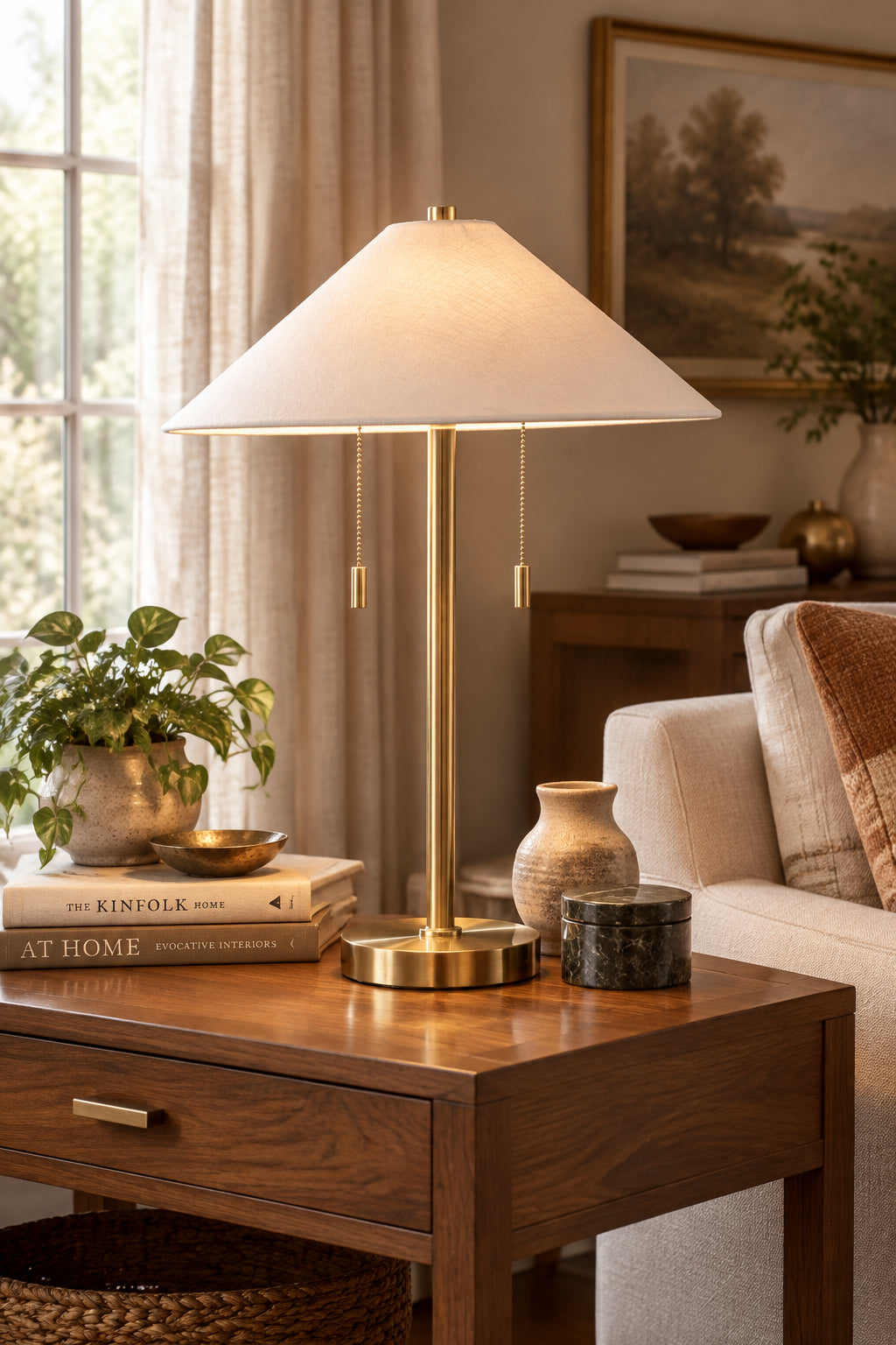 Claremont Table Lamp - Brass Dual-Bulb Off-White-Lighting-DECOROLALA