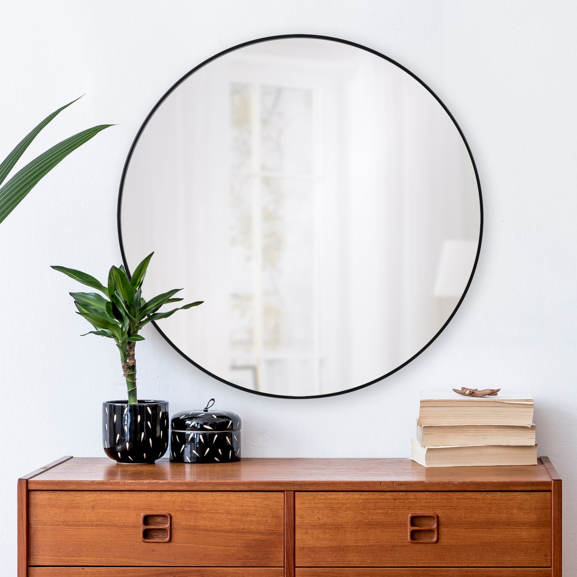 Claribel 30" Tall Round Wall Mirror, Black-Mirror-DECOROLALA