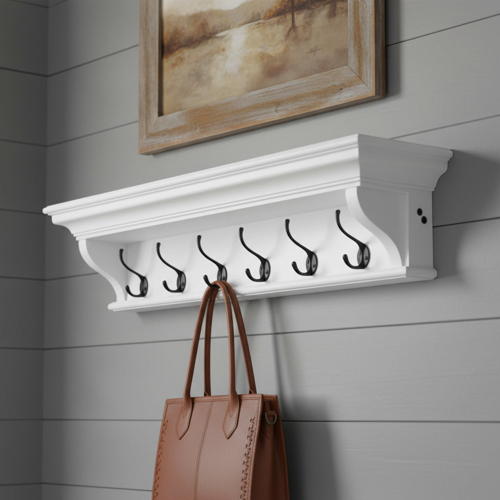 Classic White Wood Wide Six Hook Coat Rack-Coat Hangers-DECOROLALA